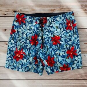 Nautica Swim Shorts Mens  XL Tropical Blue Red Mesh Lined Floral Nylon Trunks